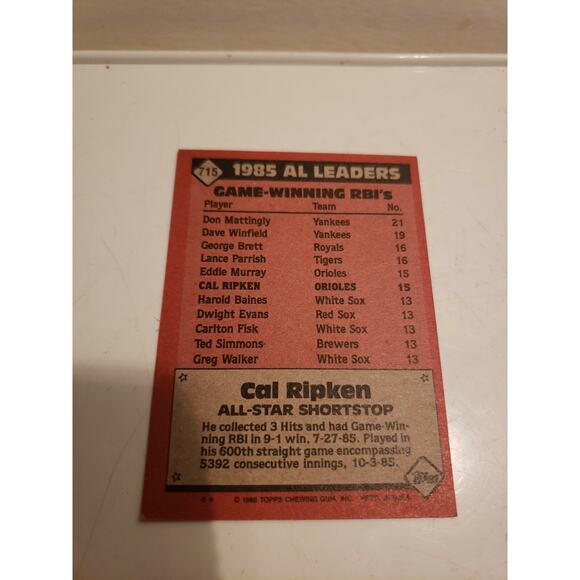 Cal Ripken Jr 1986 Topps #715 - Baltimore Orioles - A.L. All Star Baseball Card - Picture 3 of 4